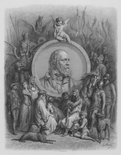 Frontispiz, Porträt von Tennyson und Charaktere aus den Idyllen von Gustave after Dore